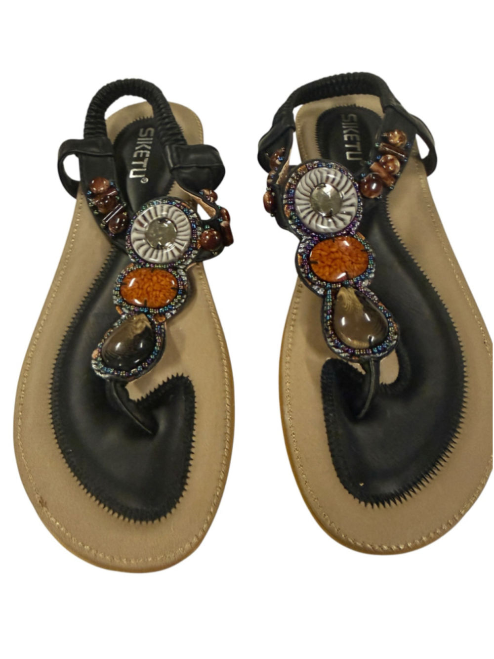 Women's SIKETU Beaded Sandals Black and Beige